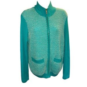 St. John 100% Wool Turquoise Zip Cardigan Sweater Size Medium